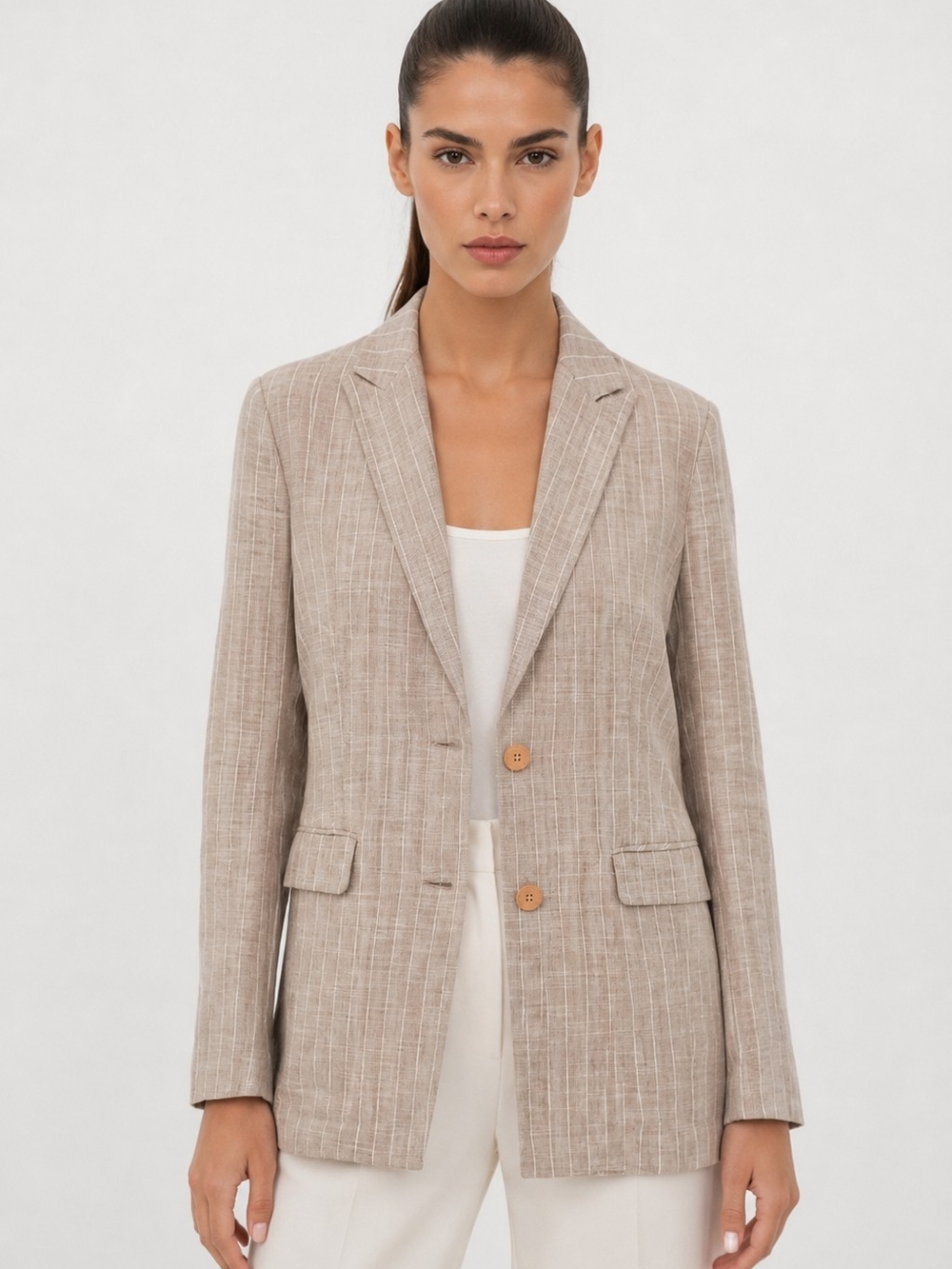 Margo Linen Baige Blazer Pinstripe Quiet Luxury Capsule Wardrobe Minimalist